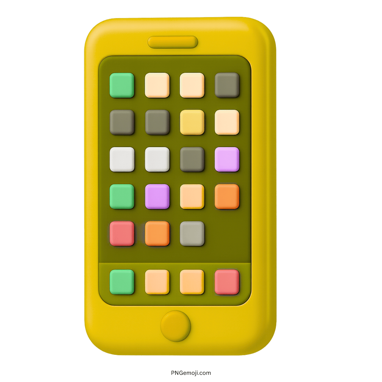 3D yellow mobile phone emoji with bright colorful app icons and playful design