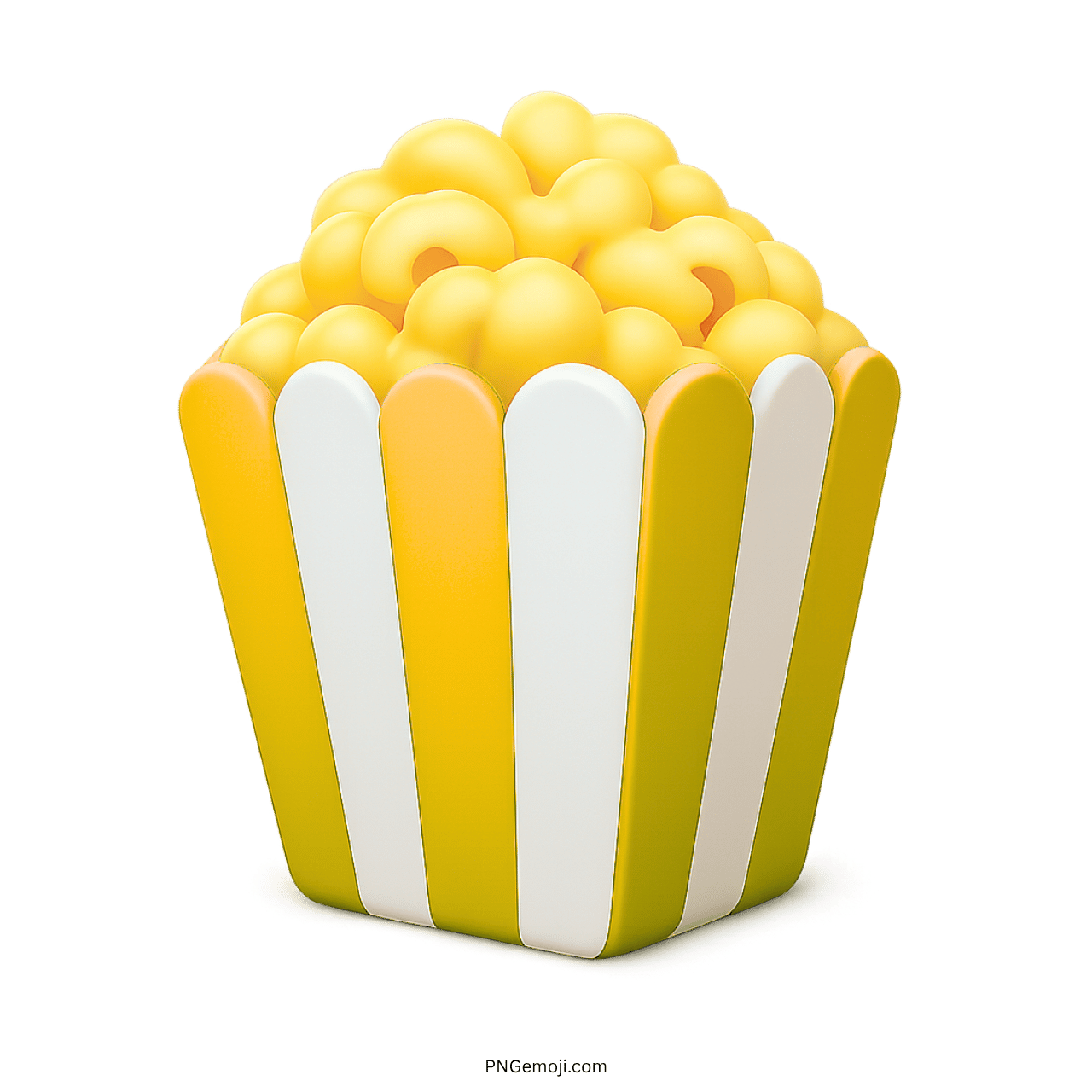 3D yellow and white striped popcorn bucket emoji with golden popcorn transparent background