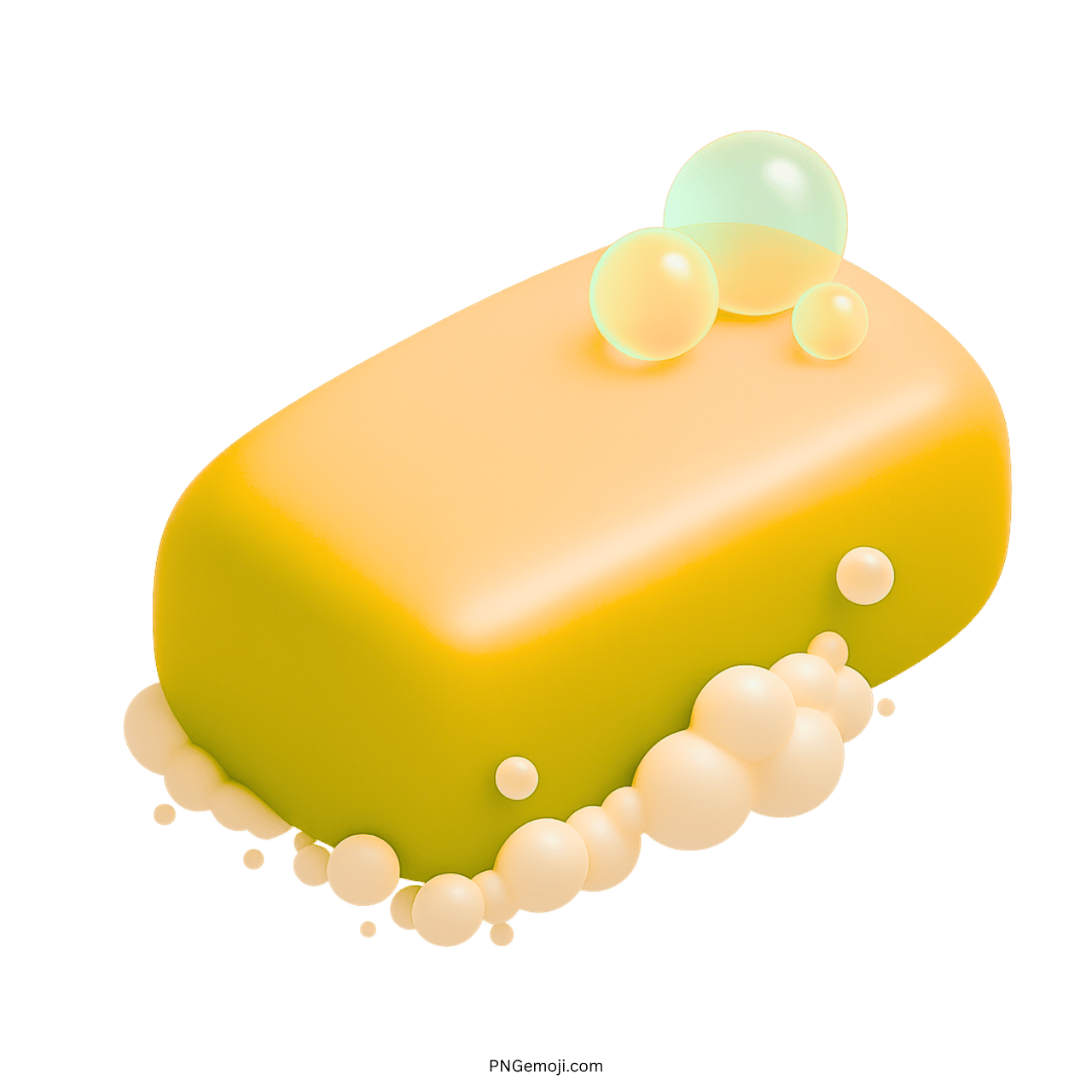 3D yellow soap bar emoji with bubbles and foam on transparent background