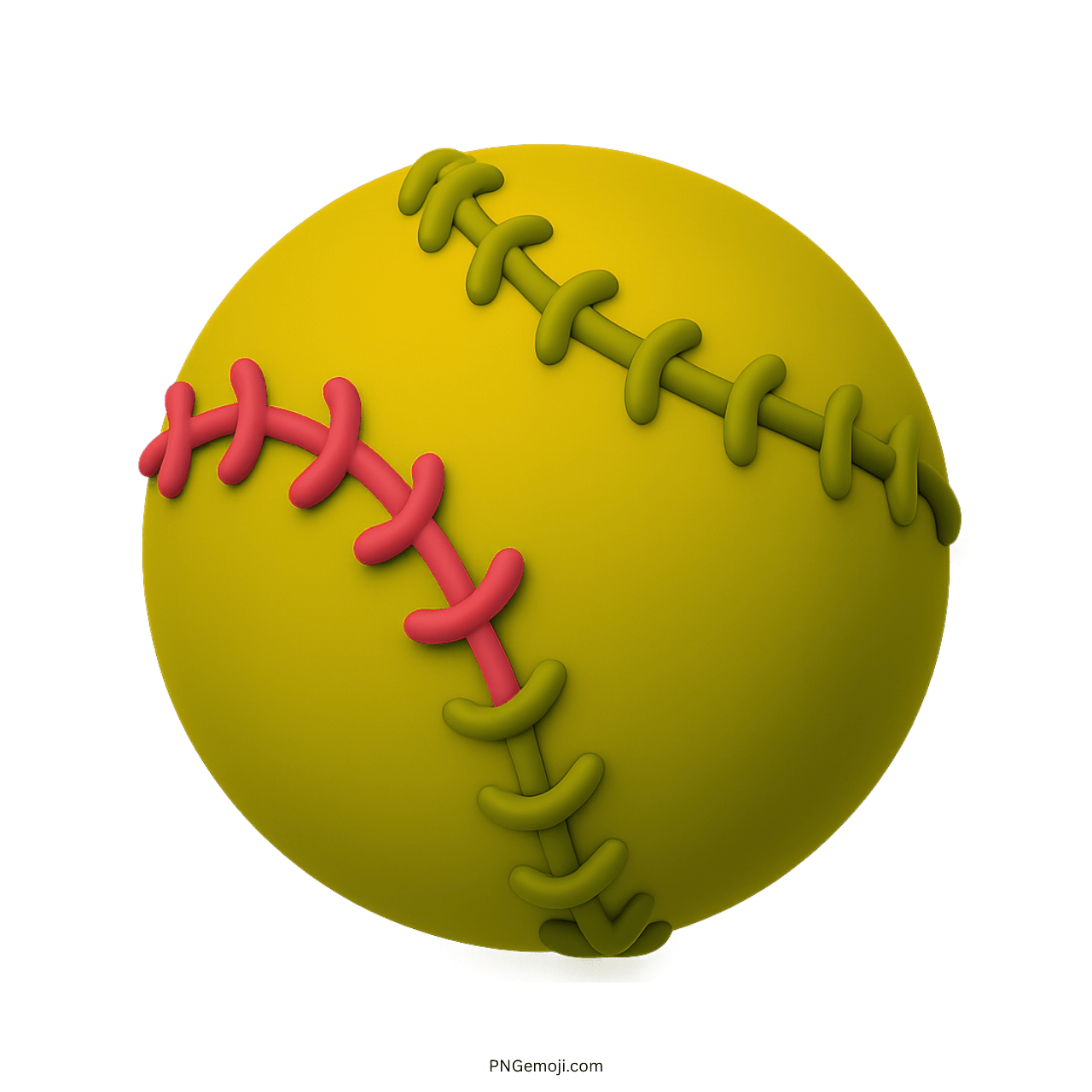 Yellow 3D softball emoji with red and green stitches on transparent background