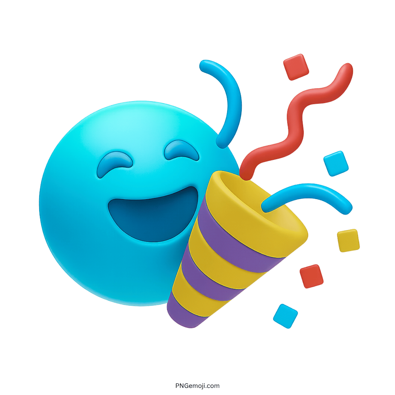 3D cyan blue emoji with party popper and colorful confetti transparent PNG