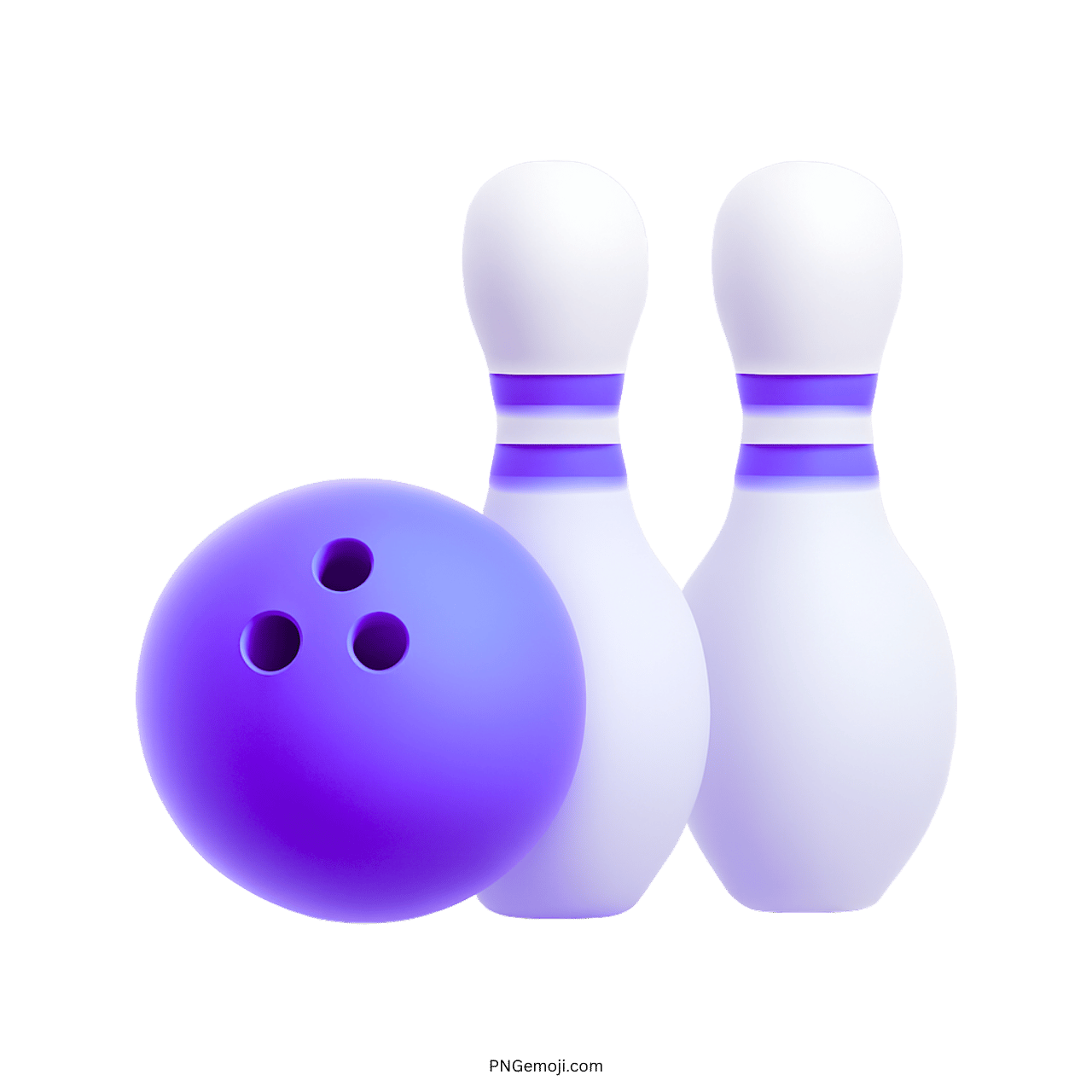  3D bowling emoji with purple ball and white pins on transparent background