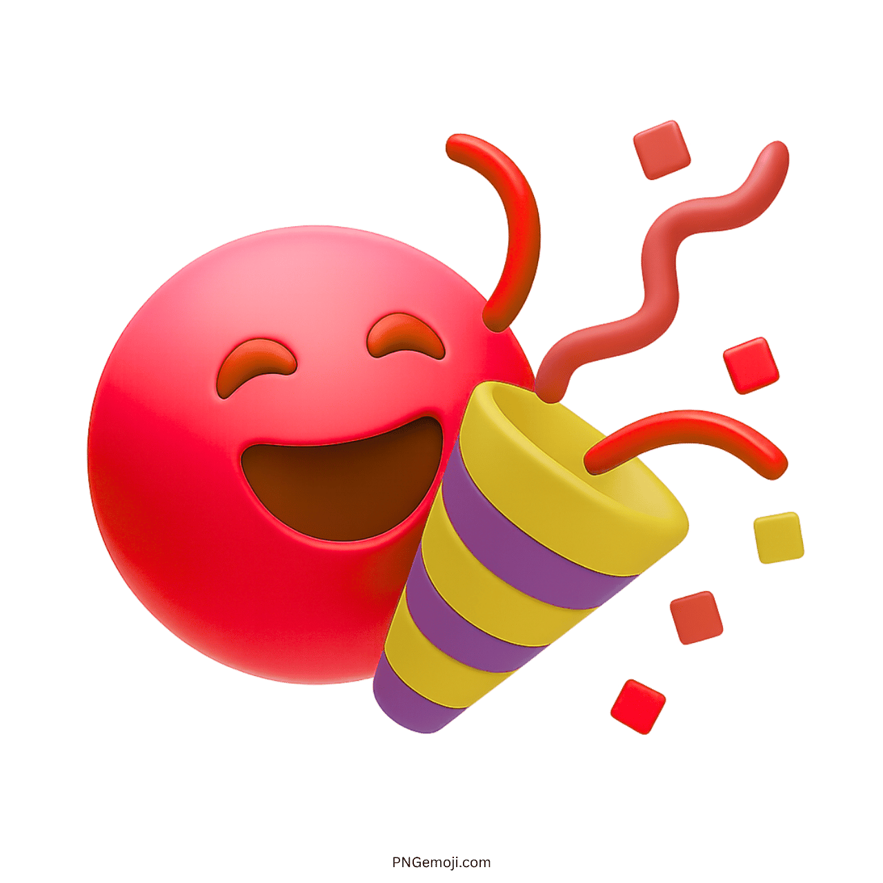 3D red happy face emoji with party popper and colorful confetti transparent PNG