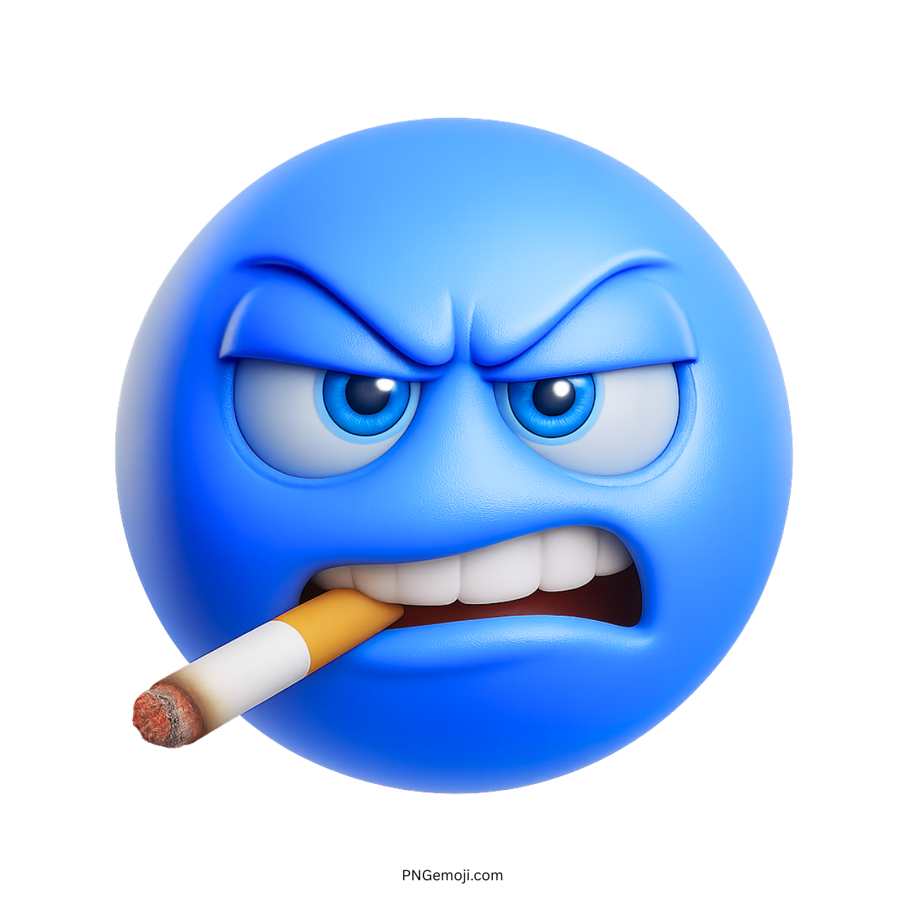 Blue 3D angry emoji face smoking cigarette with intense cartoon expression