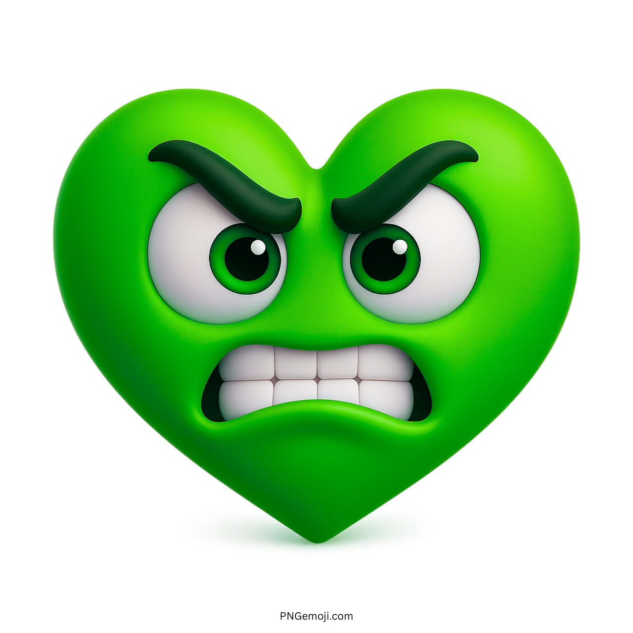 Angry green heart emoji with furious eyebrows, wide eyes, and clenched teeth expression