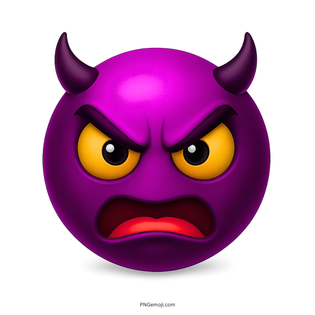 Angry purple devil emoji face with dark horns, intense eyes, and fierce scowl.