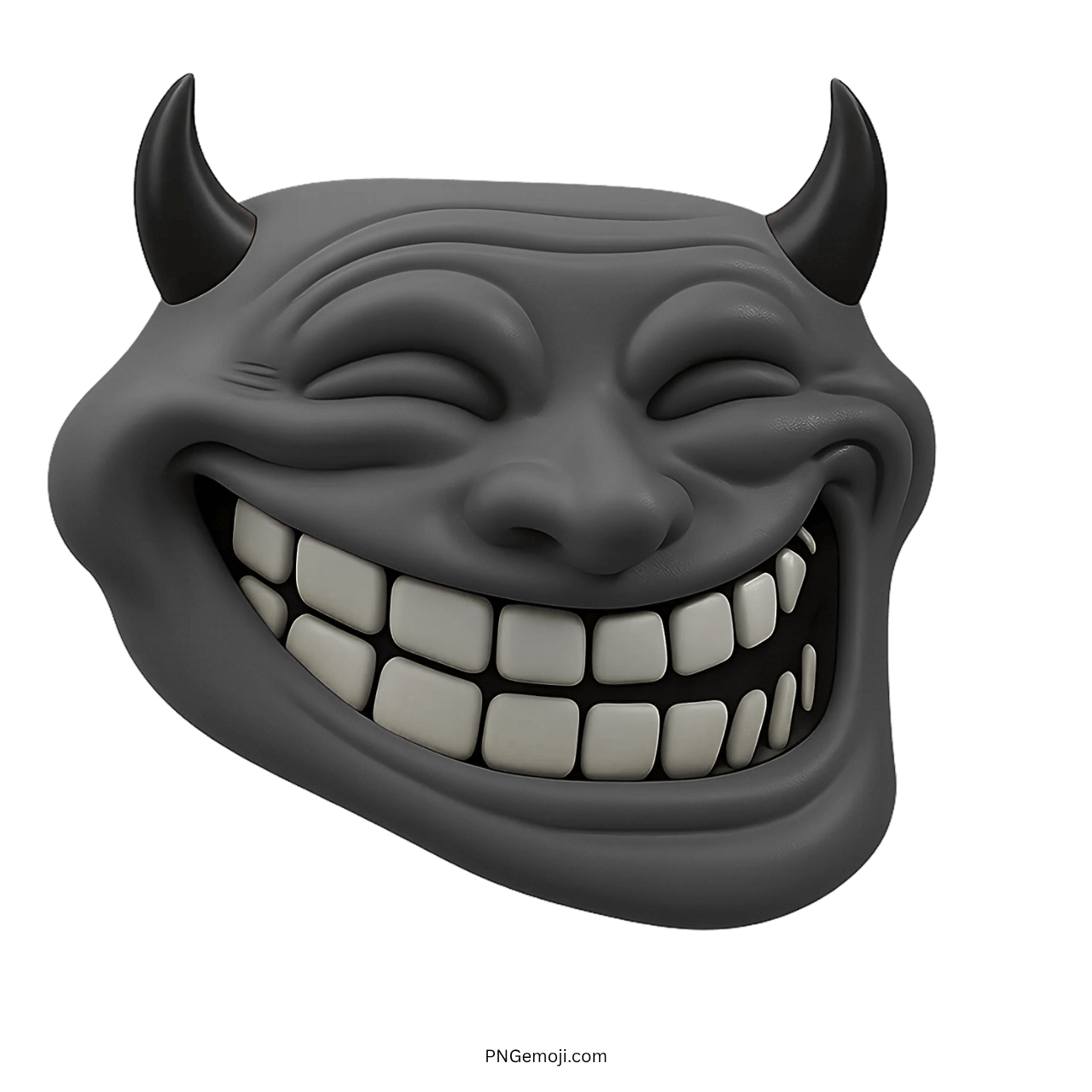  3D black angry troll face emoji with horns and a wide grin