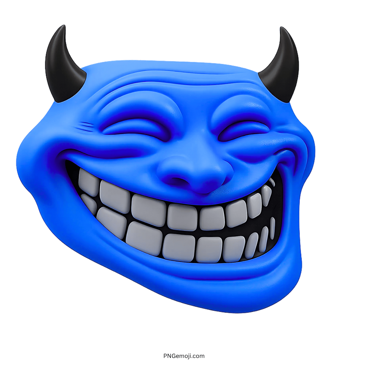 3D blue angry troll face emoji with horns and a wide grin
