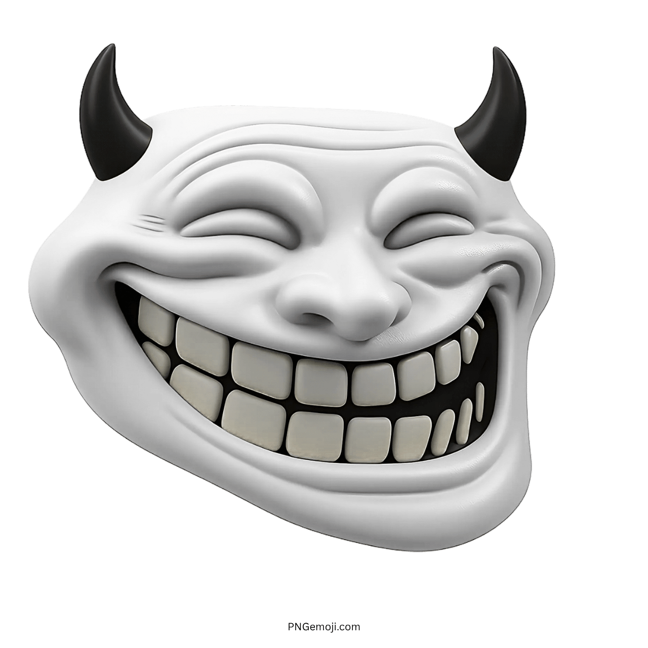 3D white angry troll face emoji with horns and a wide grin