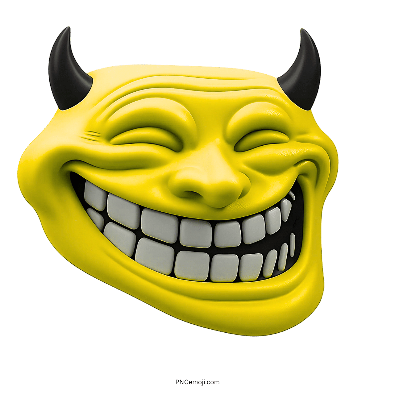 3D yellow angry troll face emoji with horns and a wide grin