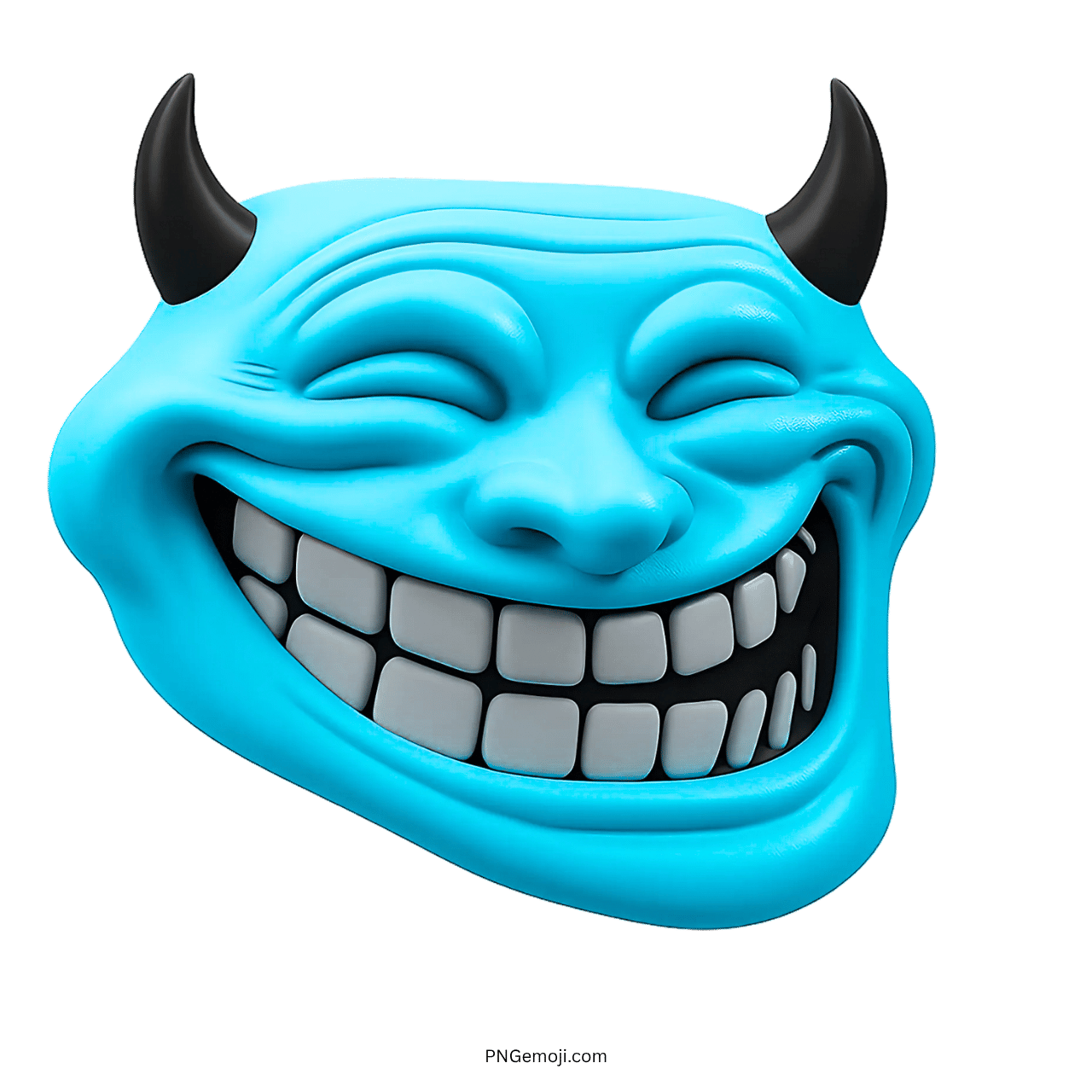 Blue troll face with horns and a wide grin