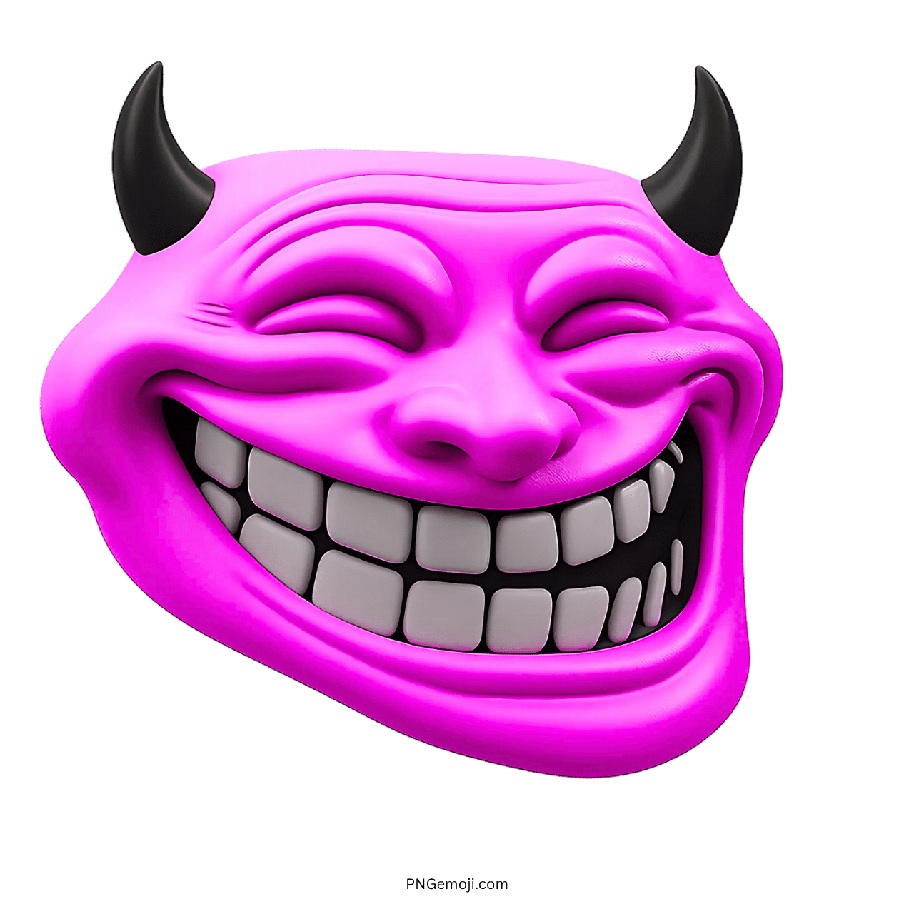 Pink troll face with horns and a wide grin