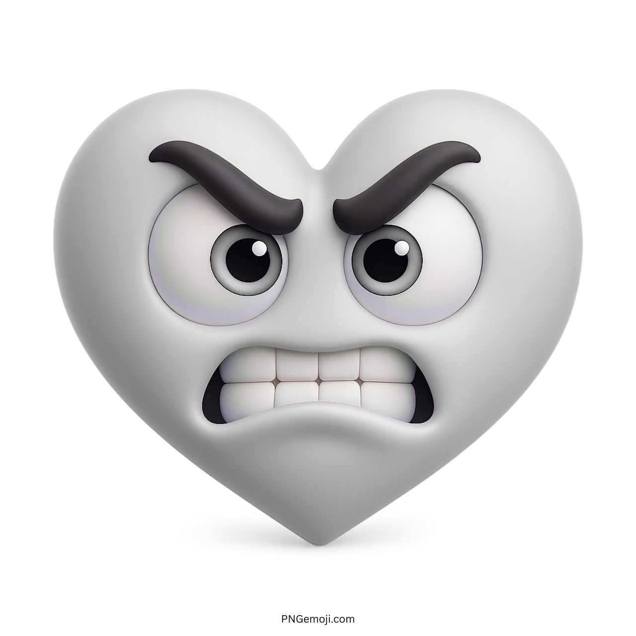 Angry white heart emoji with black eyebrows, wide cartoon eyes, and clenched teeth