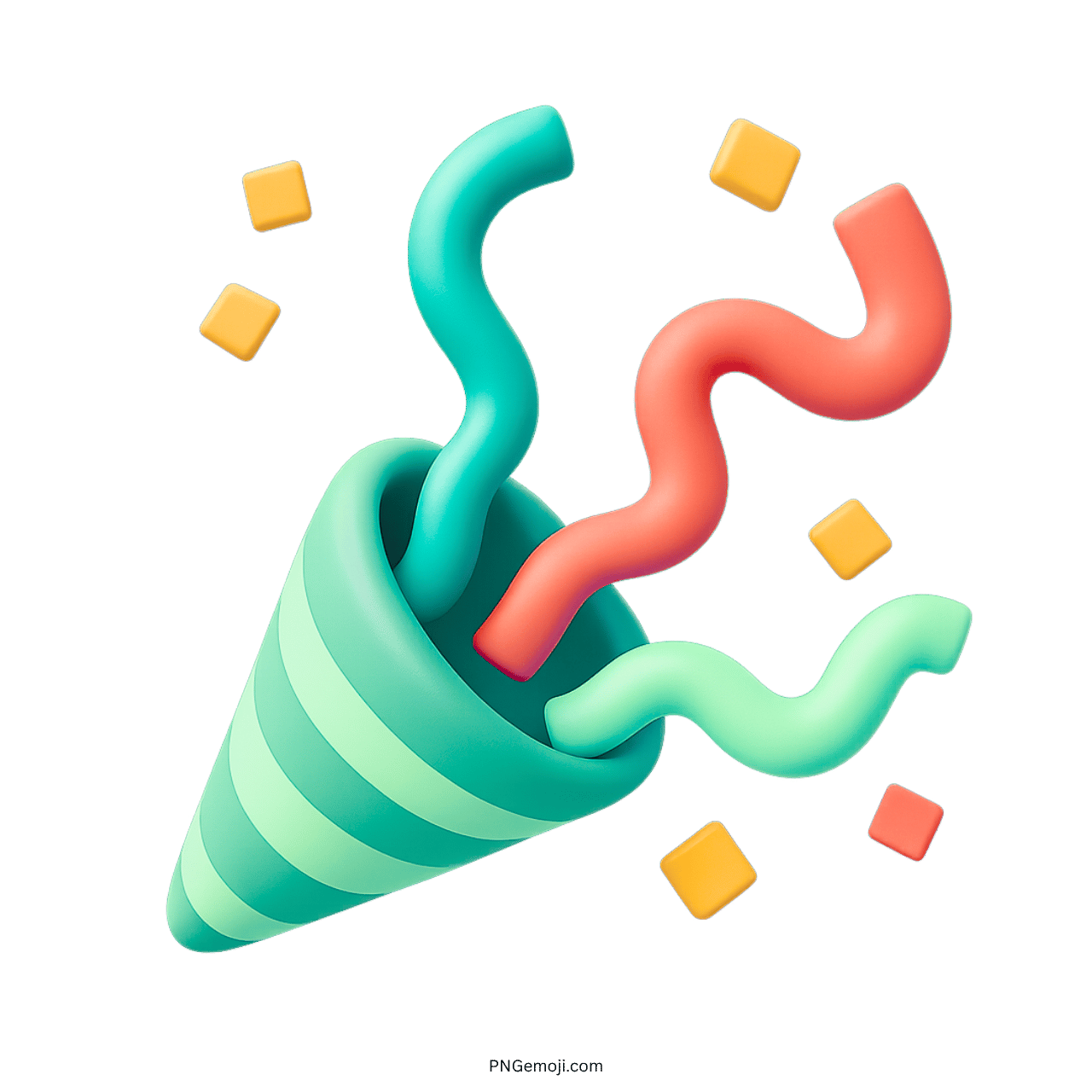 Aqua green 3D confetti emoji PNG with colorful streamers and transparent background