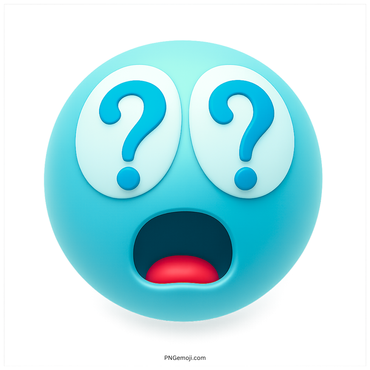 Aqua blue emoji with question mark eyes and surprised open red mouth