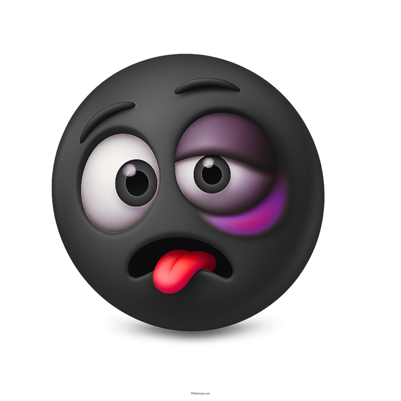 Black emoji face with swollen bruised eye and tongue out in pain expression