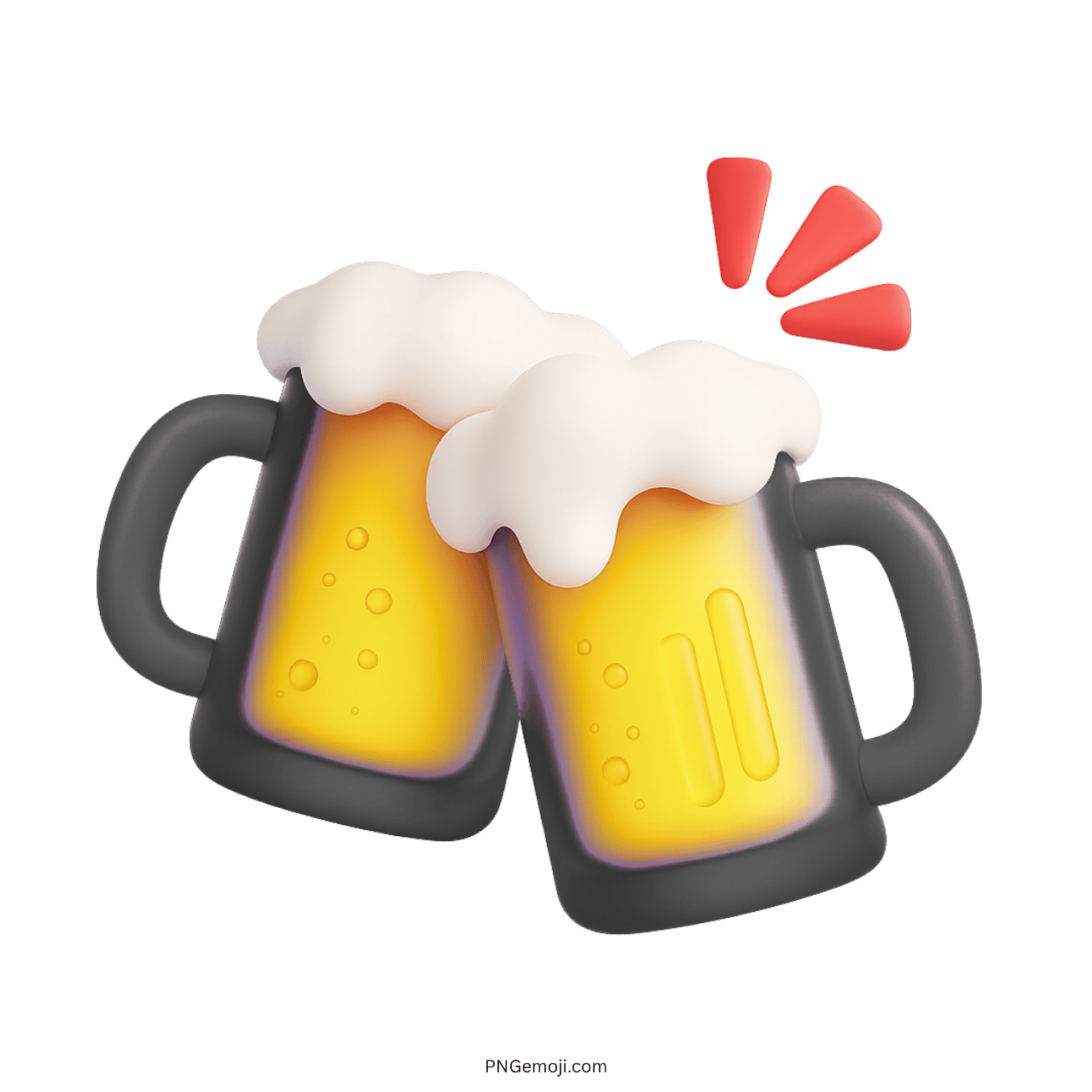 3D black beer mugs clinking emoji with frothy top and celebration sparks