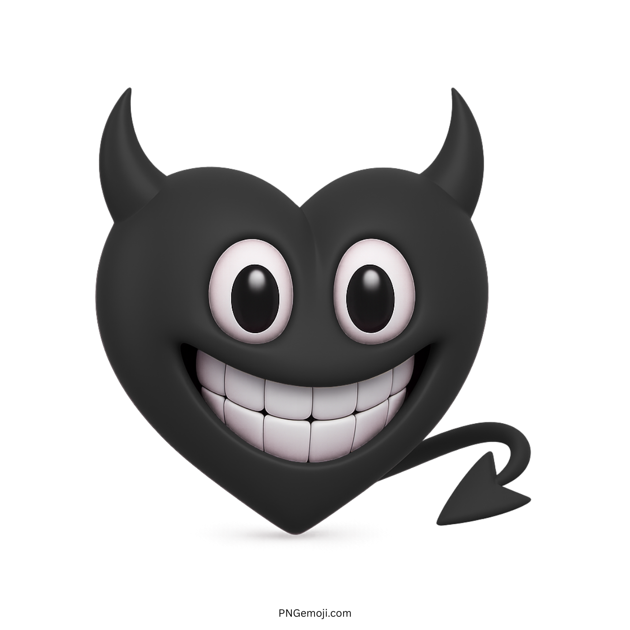 3D black naughty heart emoji with devil horns, wide grin, and pointed tail