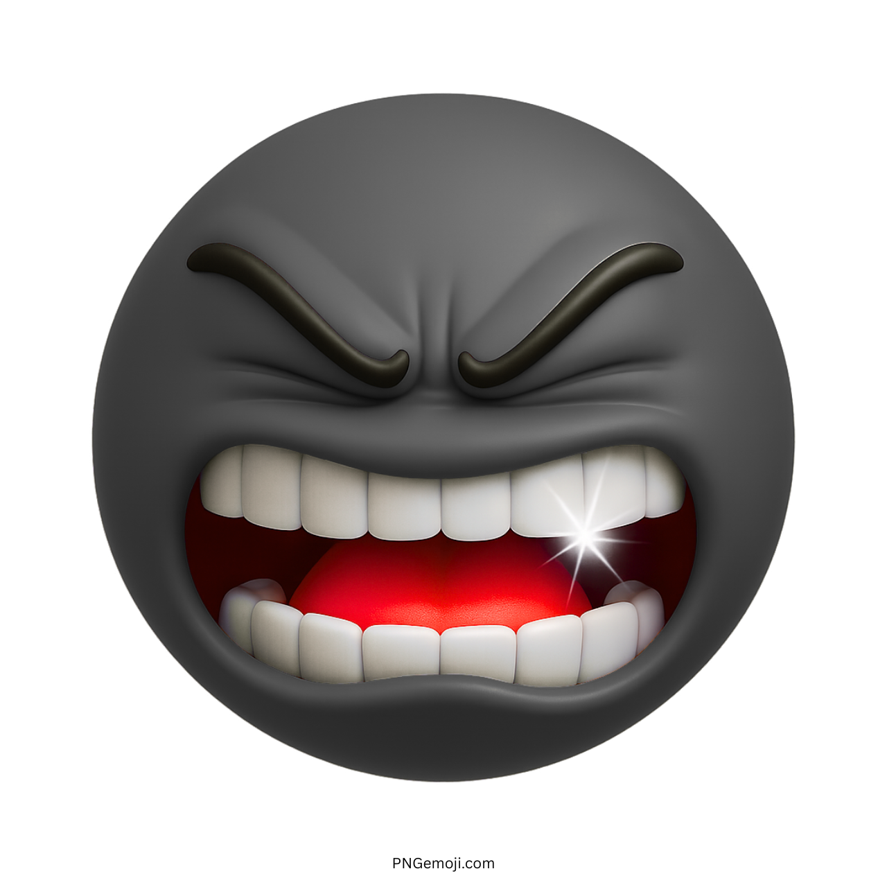3D angry black emoji with clenched teeth, glowing sparkle, and furious facial expression