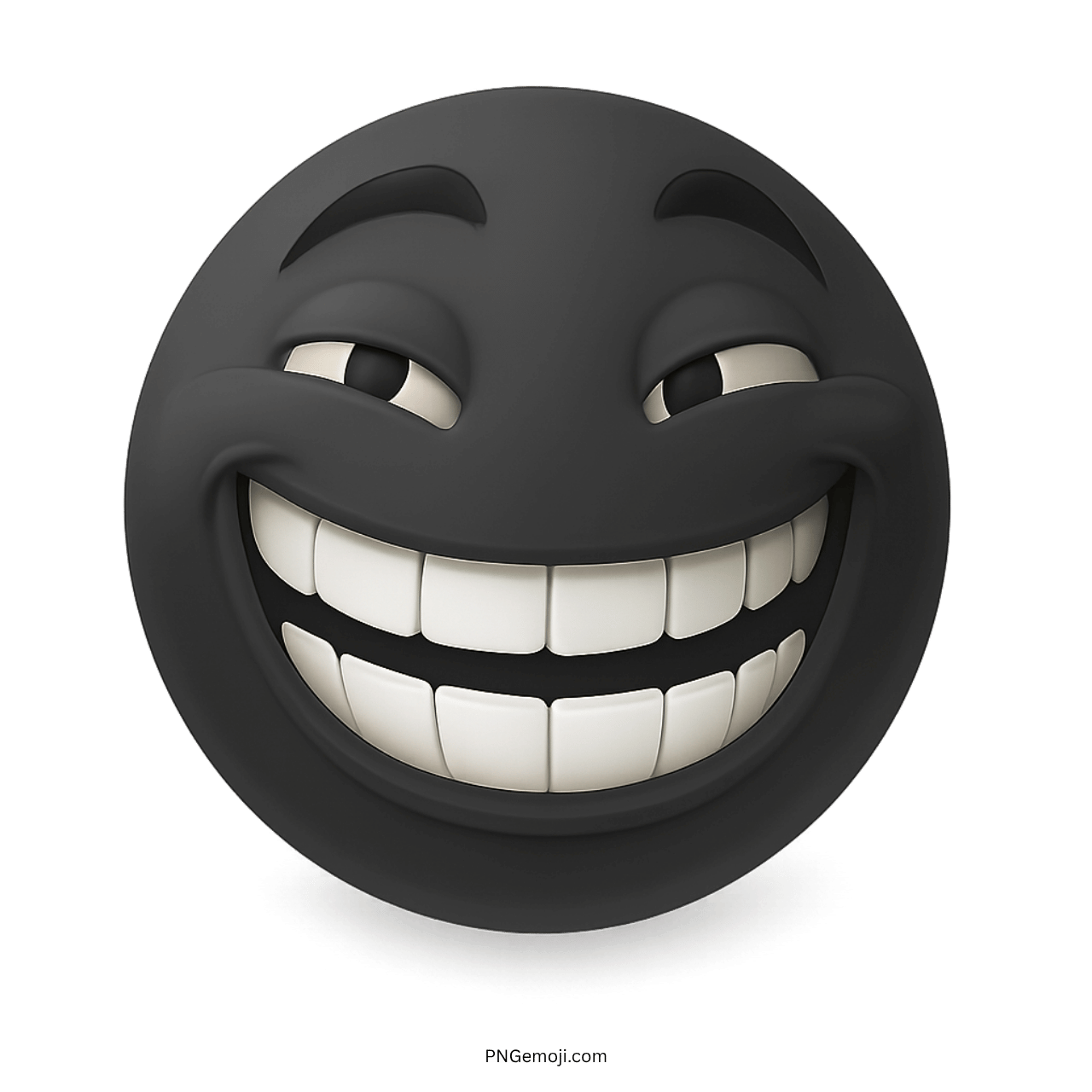 Black troll face emoji with big mischievous grin and raised eyebrow expression