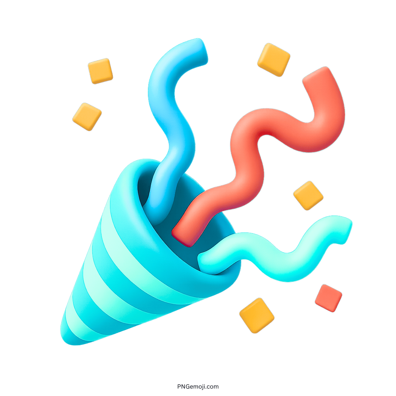 Blue 3D confetti party popper emoji PNG with streamers and transparent background