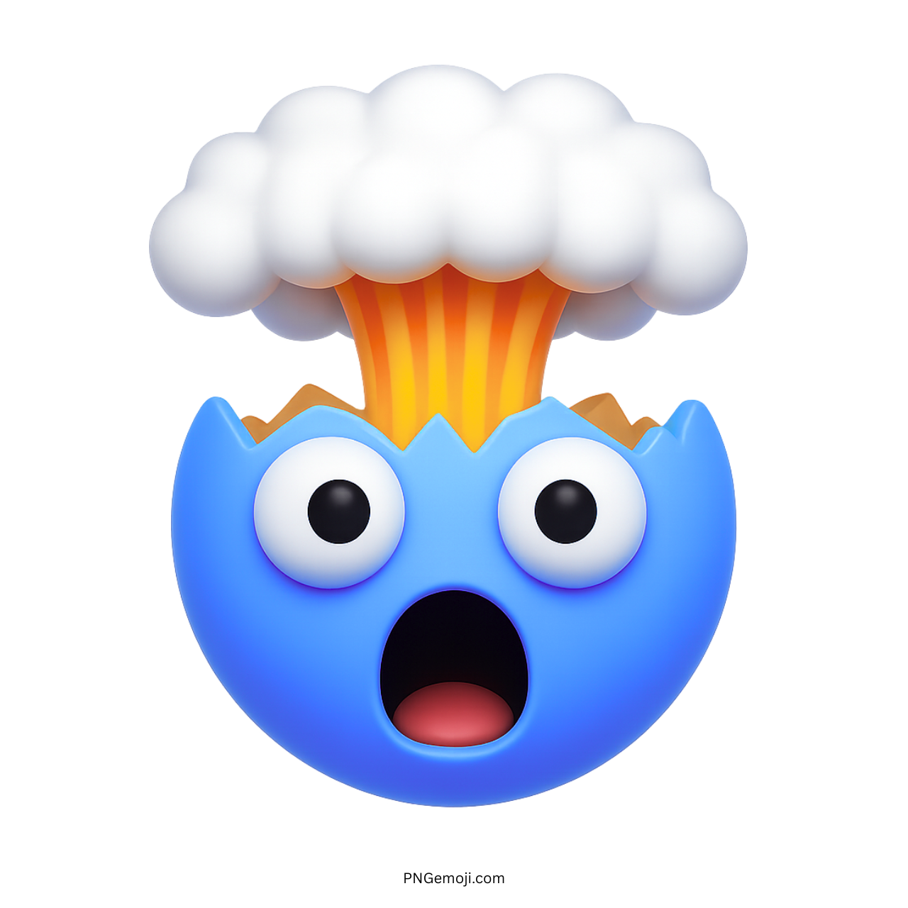 Blue 3D exploding head emoji with shocked face and cartoon-style brain burst
