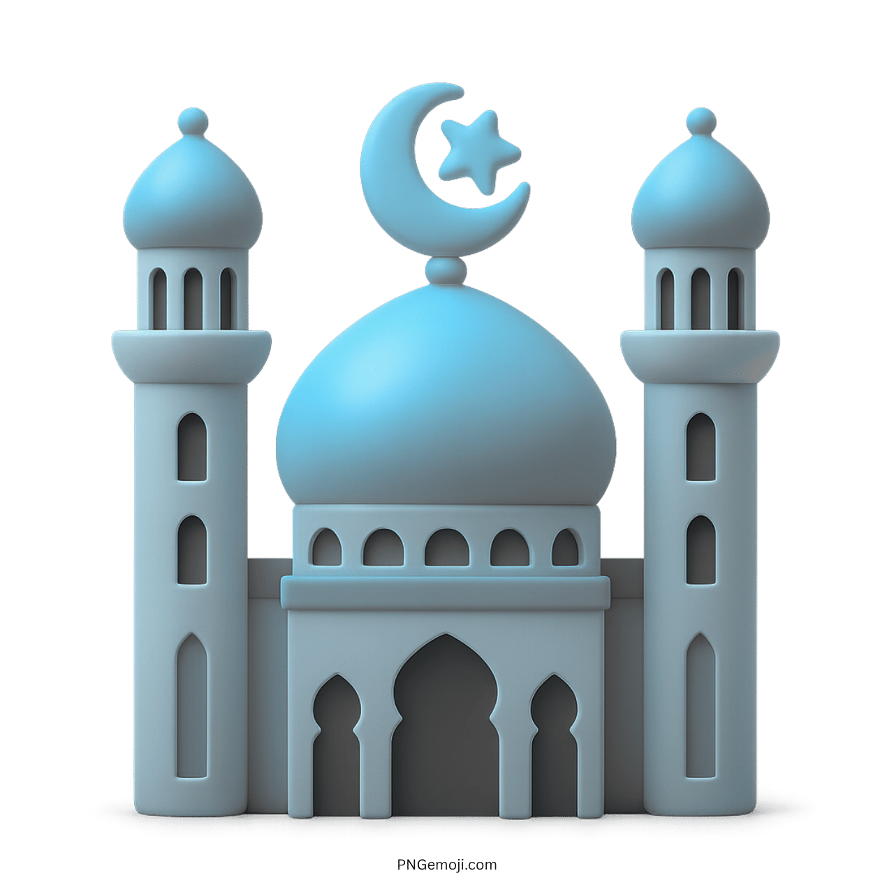 Blue 3D mosque emoji with crescent moon and star on transparent background