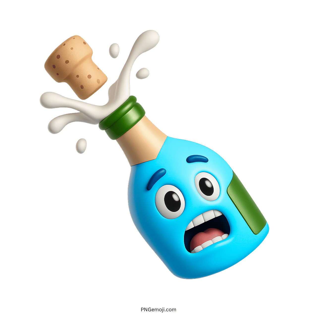 Blue champagne bottle emoji with splash and shocked cartoon face expression
