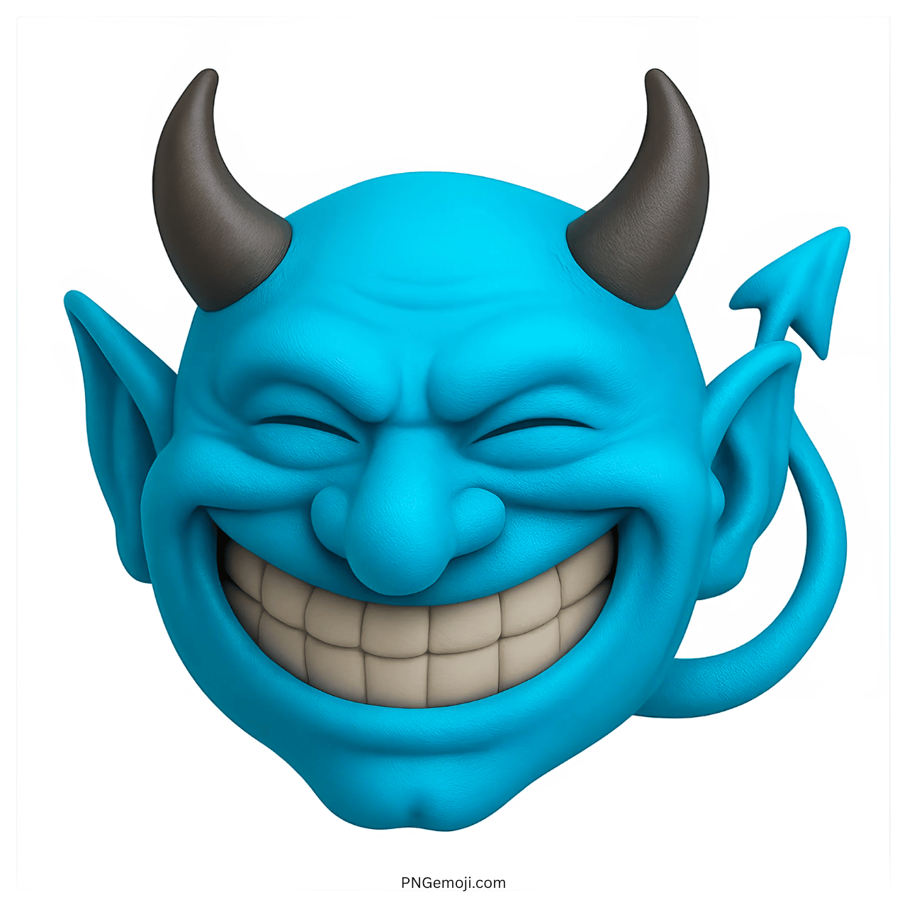 Blue devil troll face emoji with horns, big grin, mischievous eyes, and cartoon style