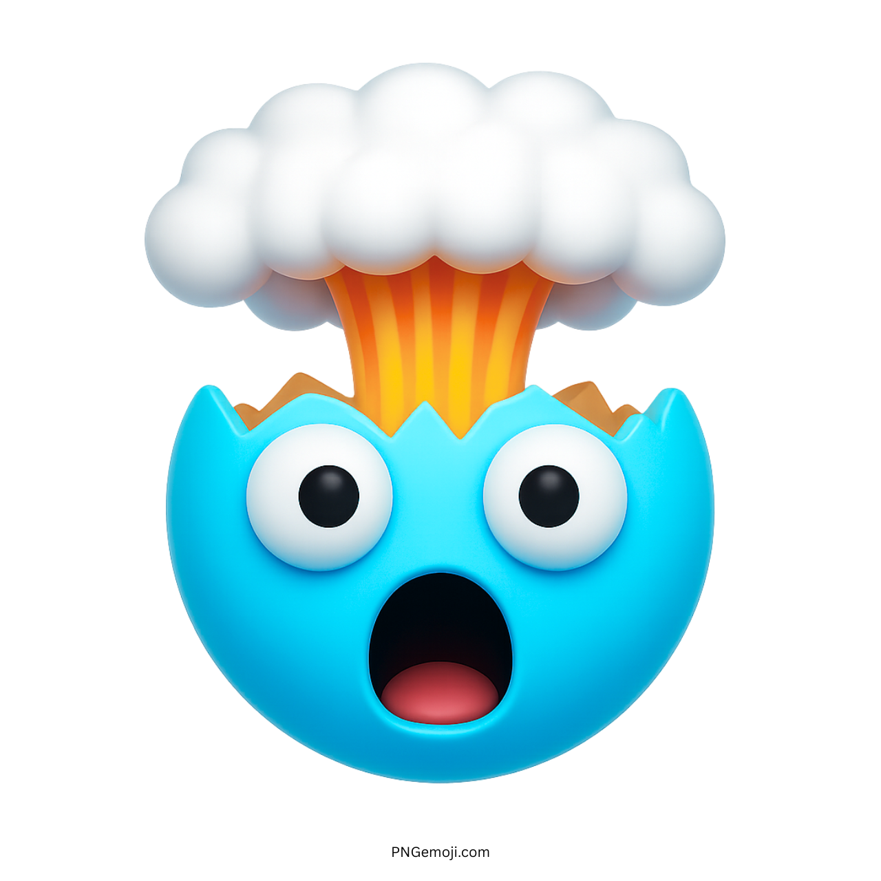 Blue exploding head emoji cartoon shocked face with cloud burst graphic