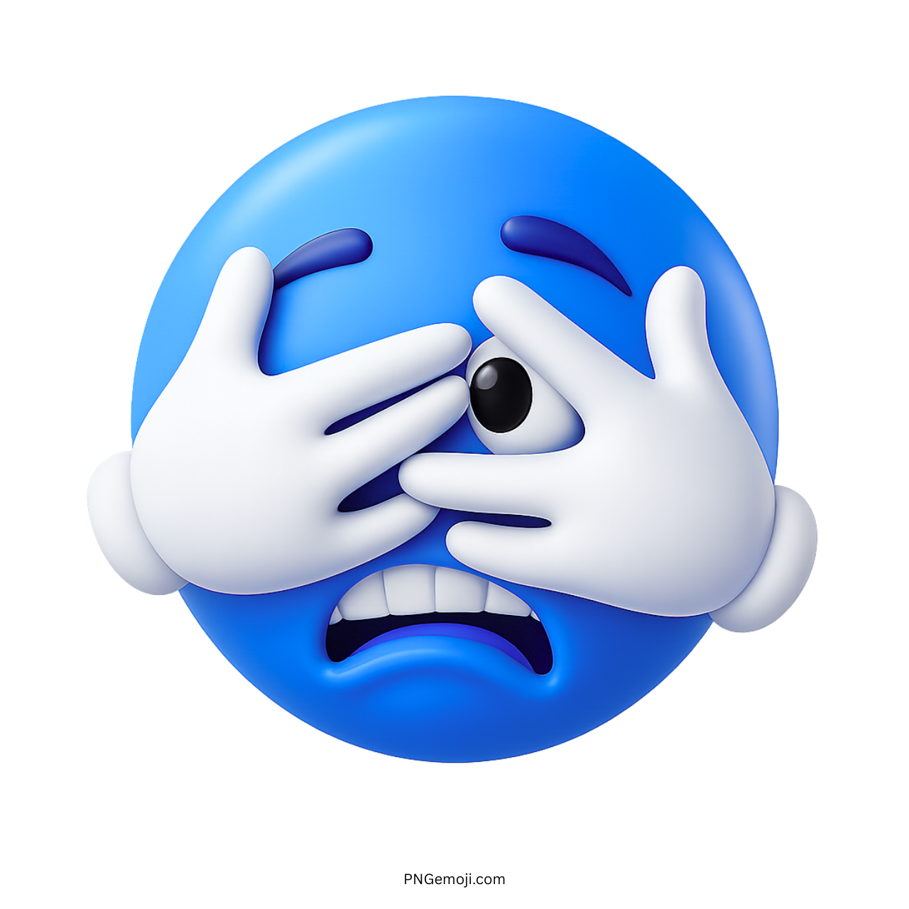 3D blue scared emoji covering eyes with hands looking terrified cartoon