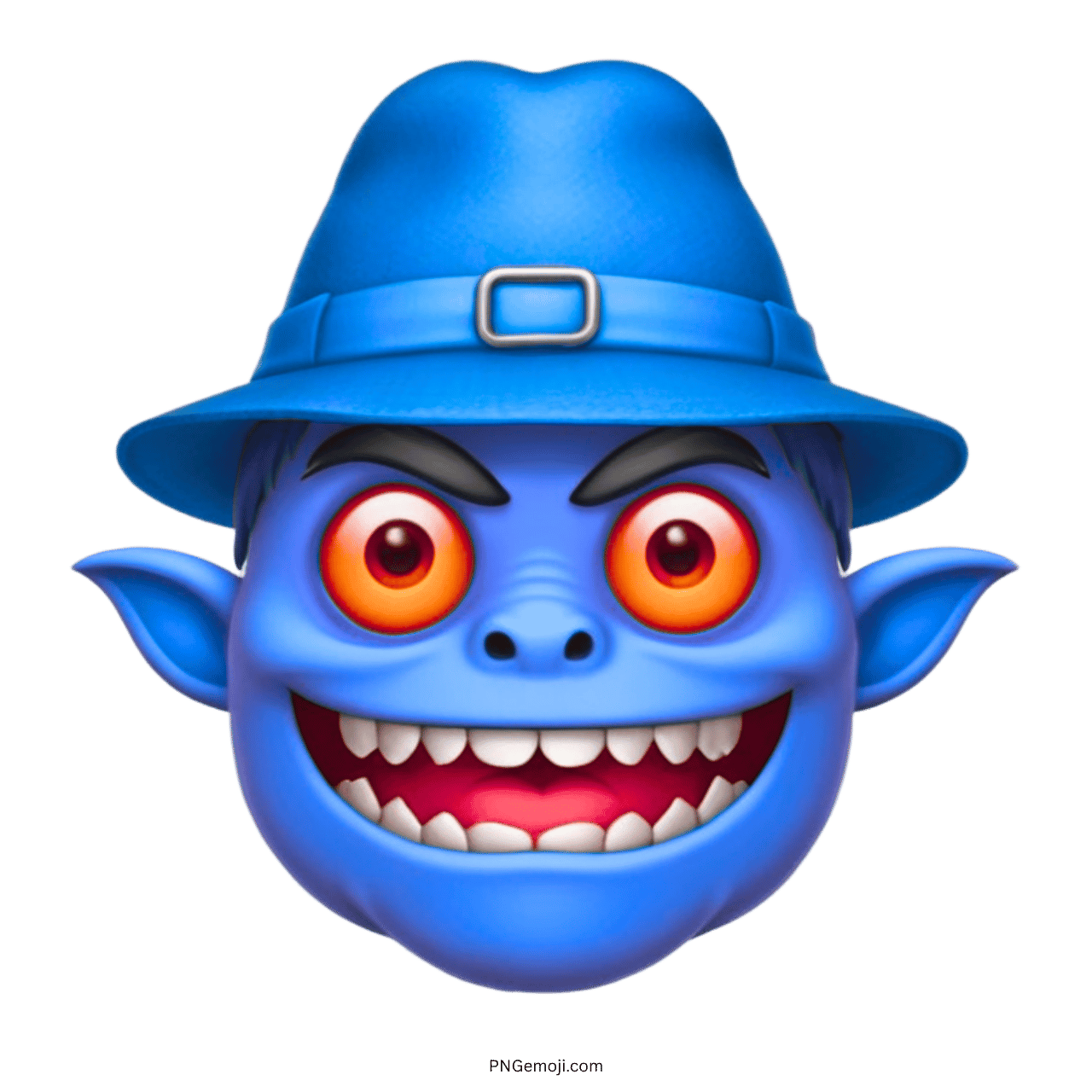 Blue monster with a wide grin and red eyes wearing a blue hat, emoji character.