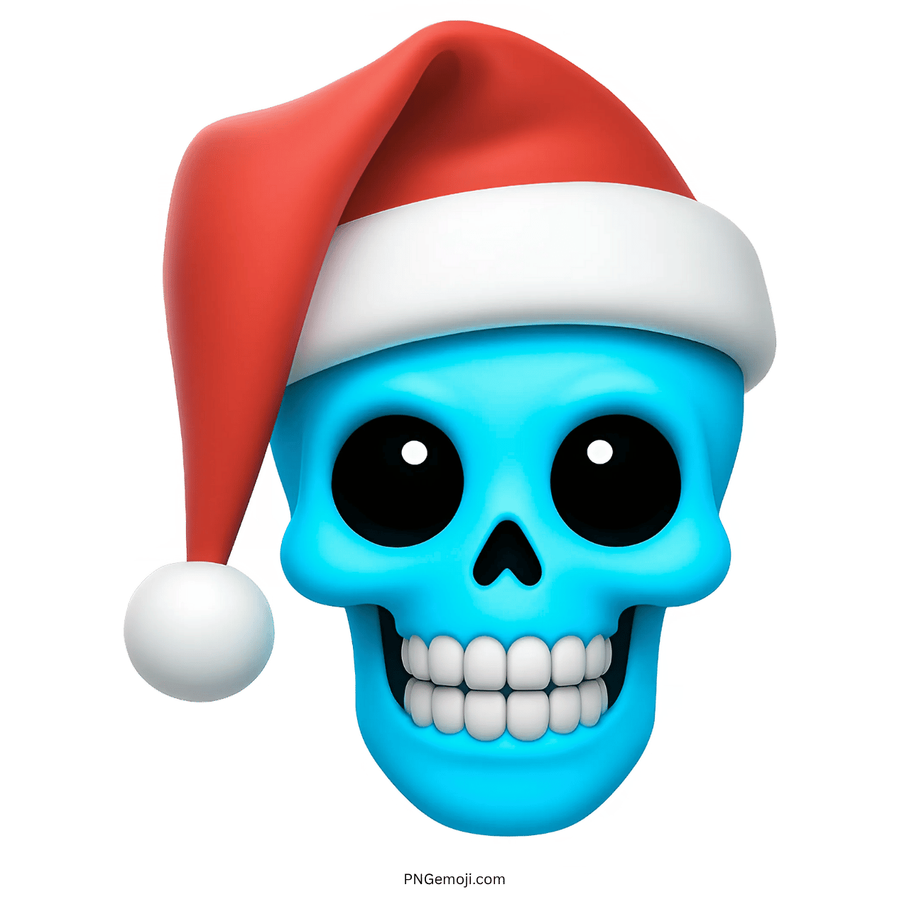 3D blue skull emoji with Santa hat smiling in festive cartoon style