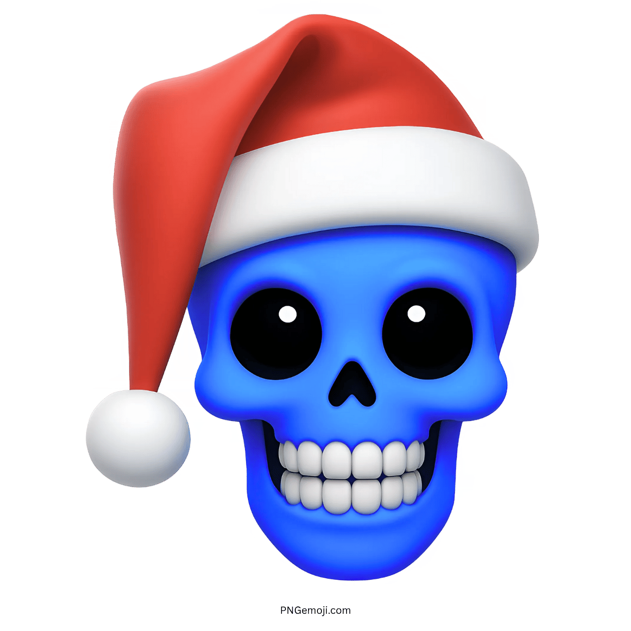 3D blue skull emoji wearing a red Santa hat with big eyes and a smile