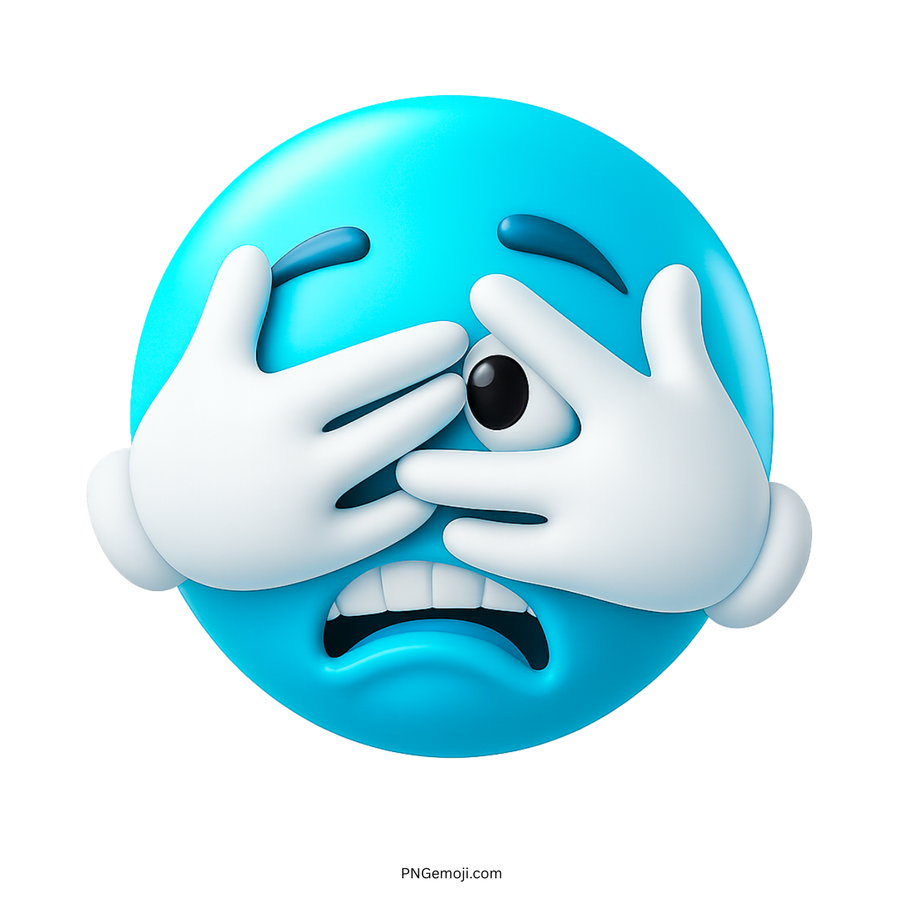 Blue emoji with terrified face hiding behind hands, peeking nervously with one open eye