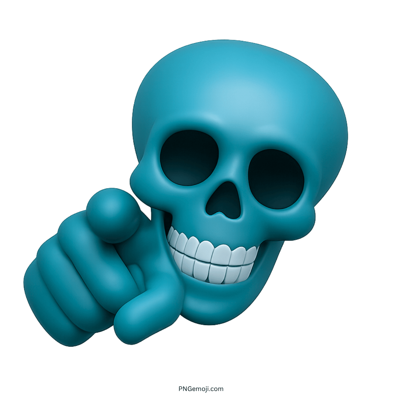 3D blue skull emoji pointing forward with a smile on transparent background