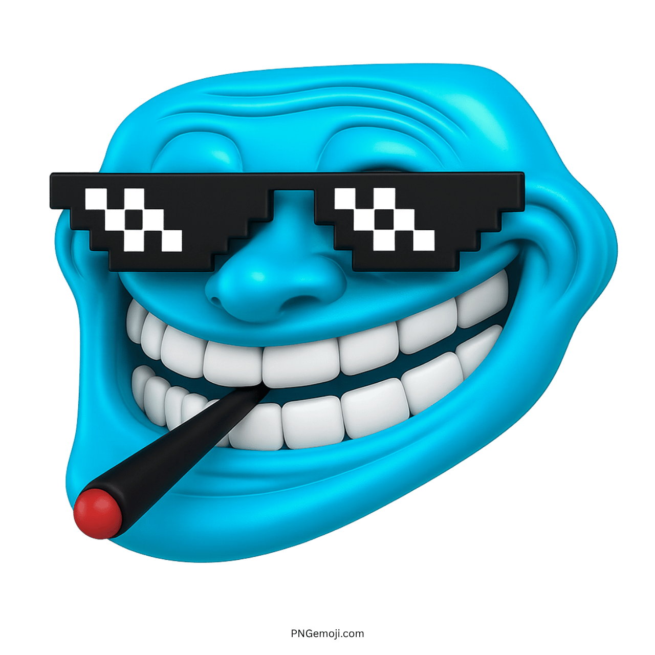 3D blue troll face emoji with sunglasses and smoking cigarcccc