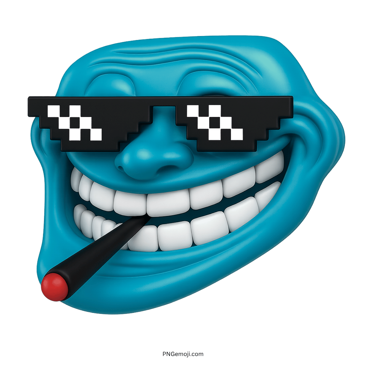 Blue smoking troll face emoji wearing thug life sunglasses and holding a cigar