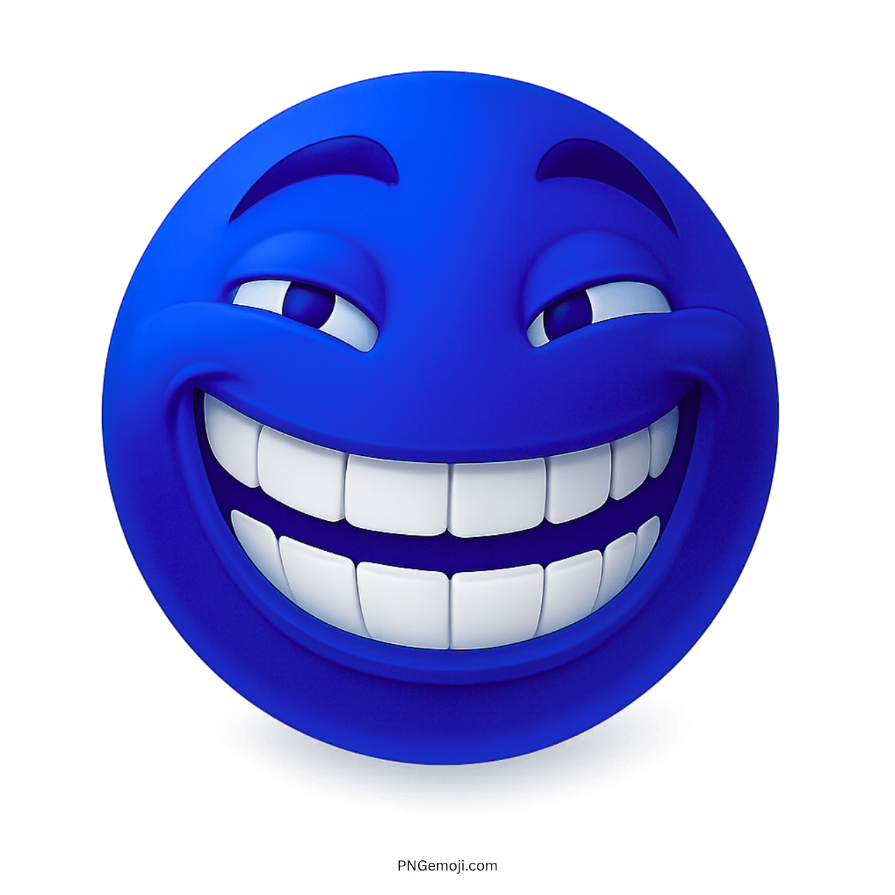 Blue troll face emoji with big grin and smug raised eyebrow expression