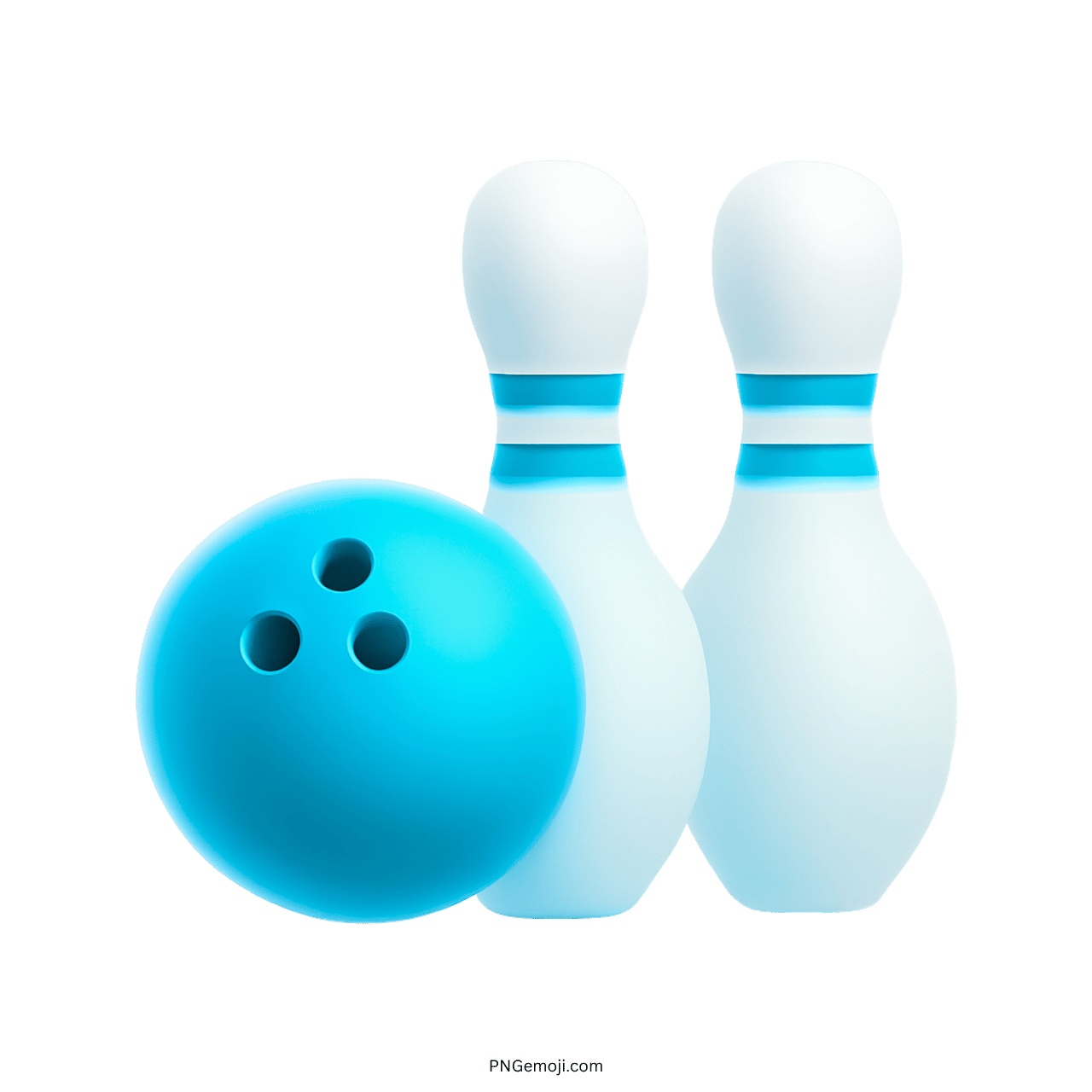3D bowling emoji with blue ball and white pins on transparent background
