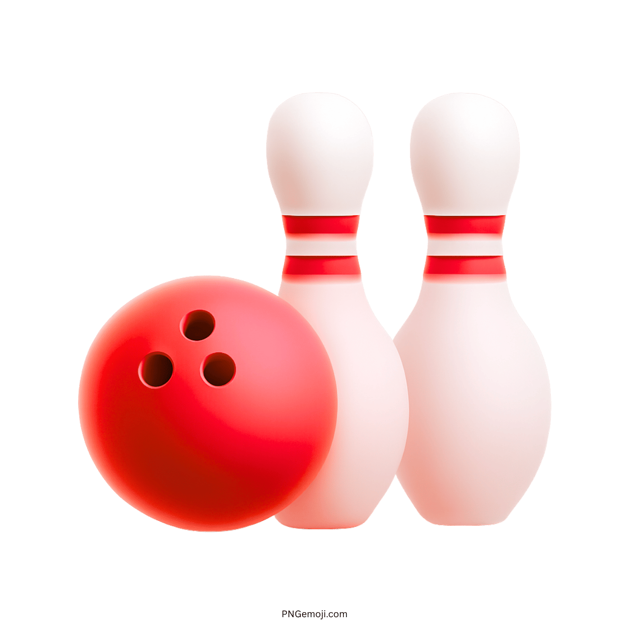 3D bowling emoji with red ball and white pins on transparent background