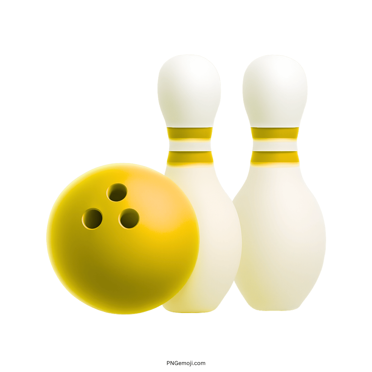 3D bowling emoji with yellow ball and white pins on transparent background