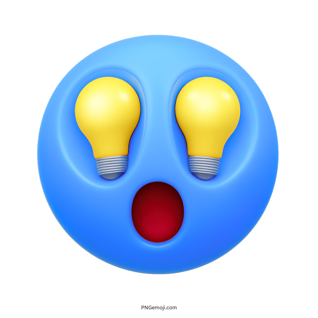 Surprised blue emoji face with lightbulb eyes symbolizing a sudden bright idea moment