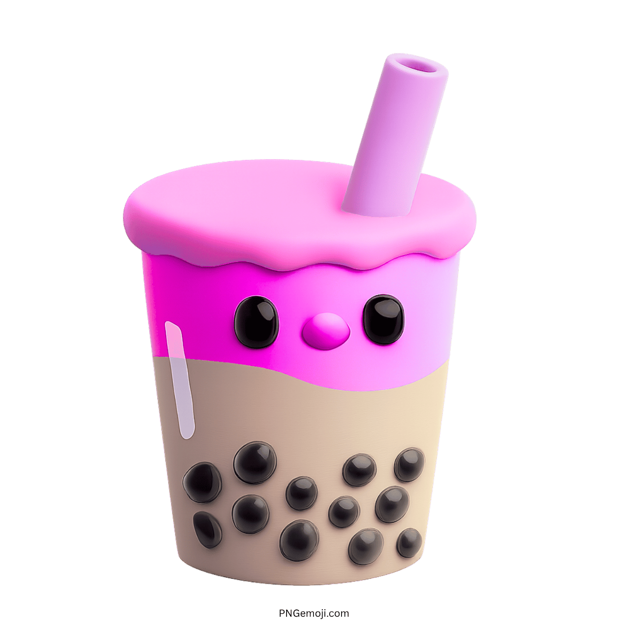 Bright pink bubble tea emoji with cute eyes and purple straw in 3D
