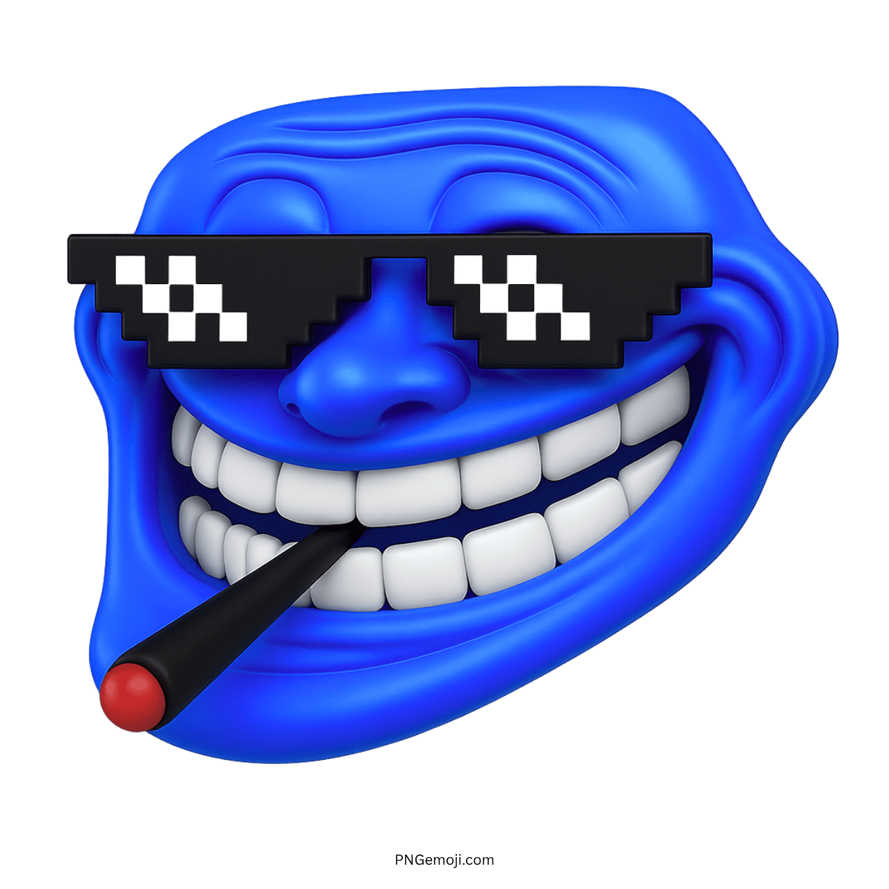 Blue troll face emoji with pixel sunglasses and smoking stick in mouth