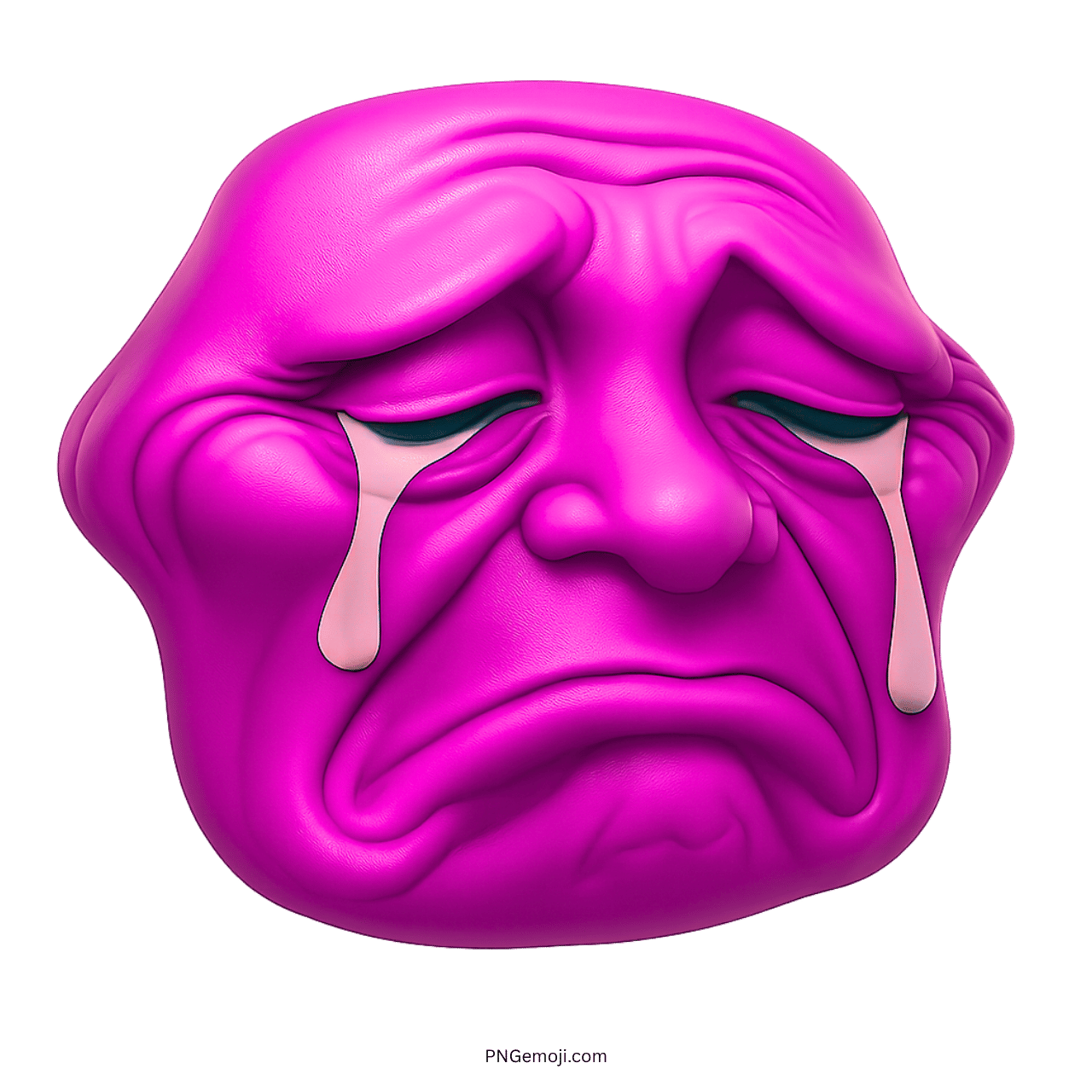 3D crying troll face emoji with pink expression and tears