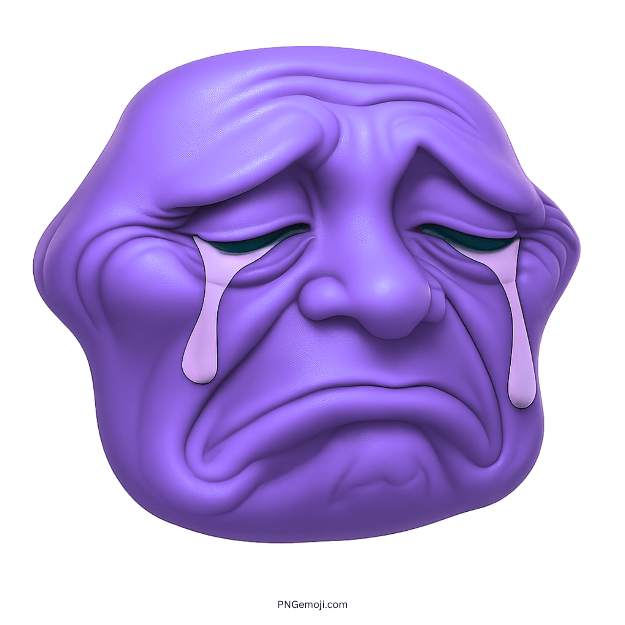 3D crying troll face emoji with purple expression and tears