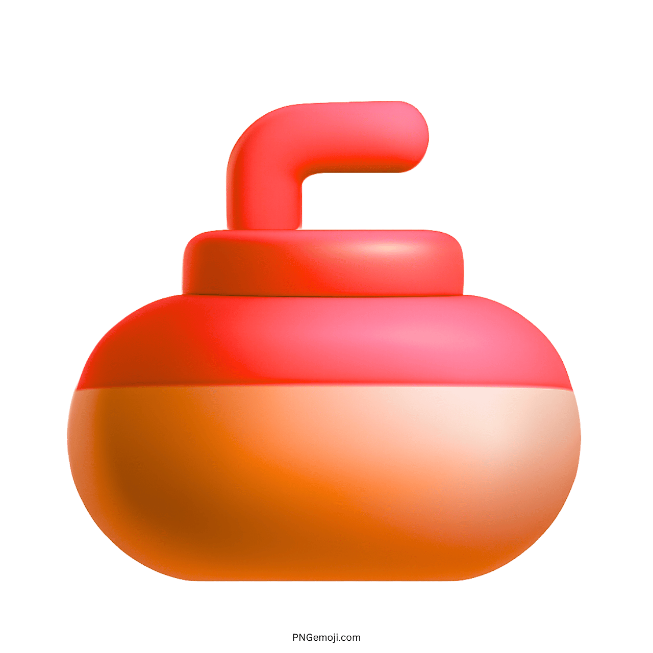 3D curling stone emoji in pink and orange with a curved handle, transparent background.