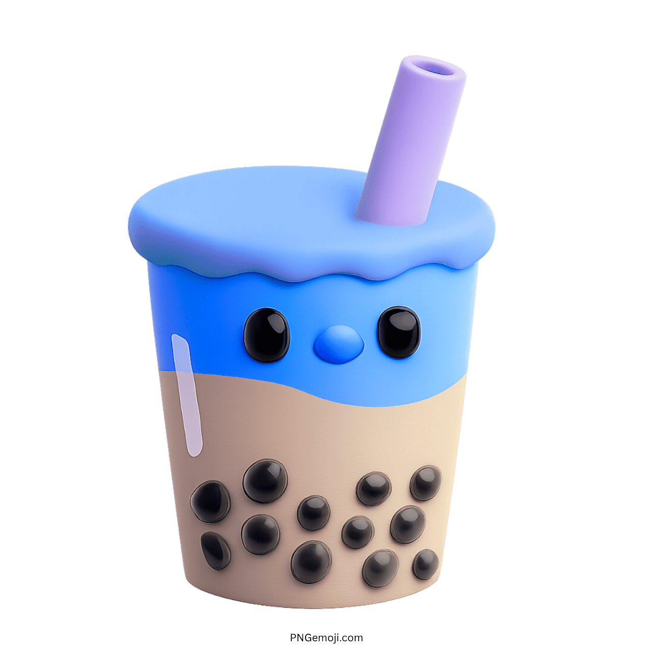 Adorable 3D bubble tea emoji with blue top and purple straw PNG