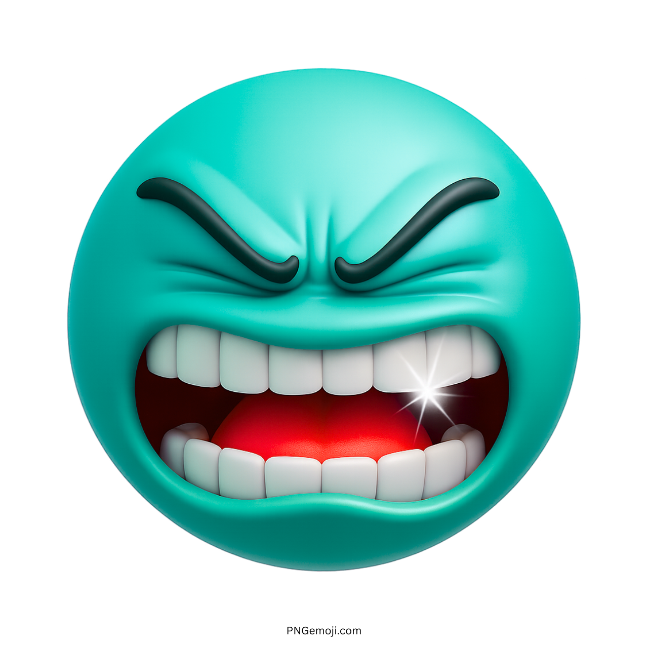 Cyan 3D angry emoji with clenched teeth, glowing sparkle, and intense frustrated expression